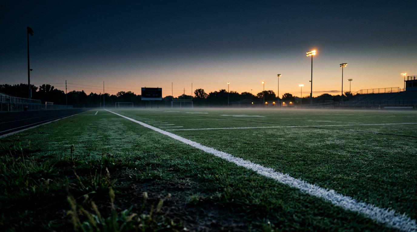 An athletic field at dusk with a chalk sideline running diagonally